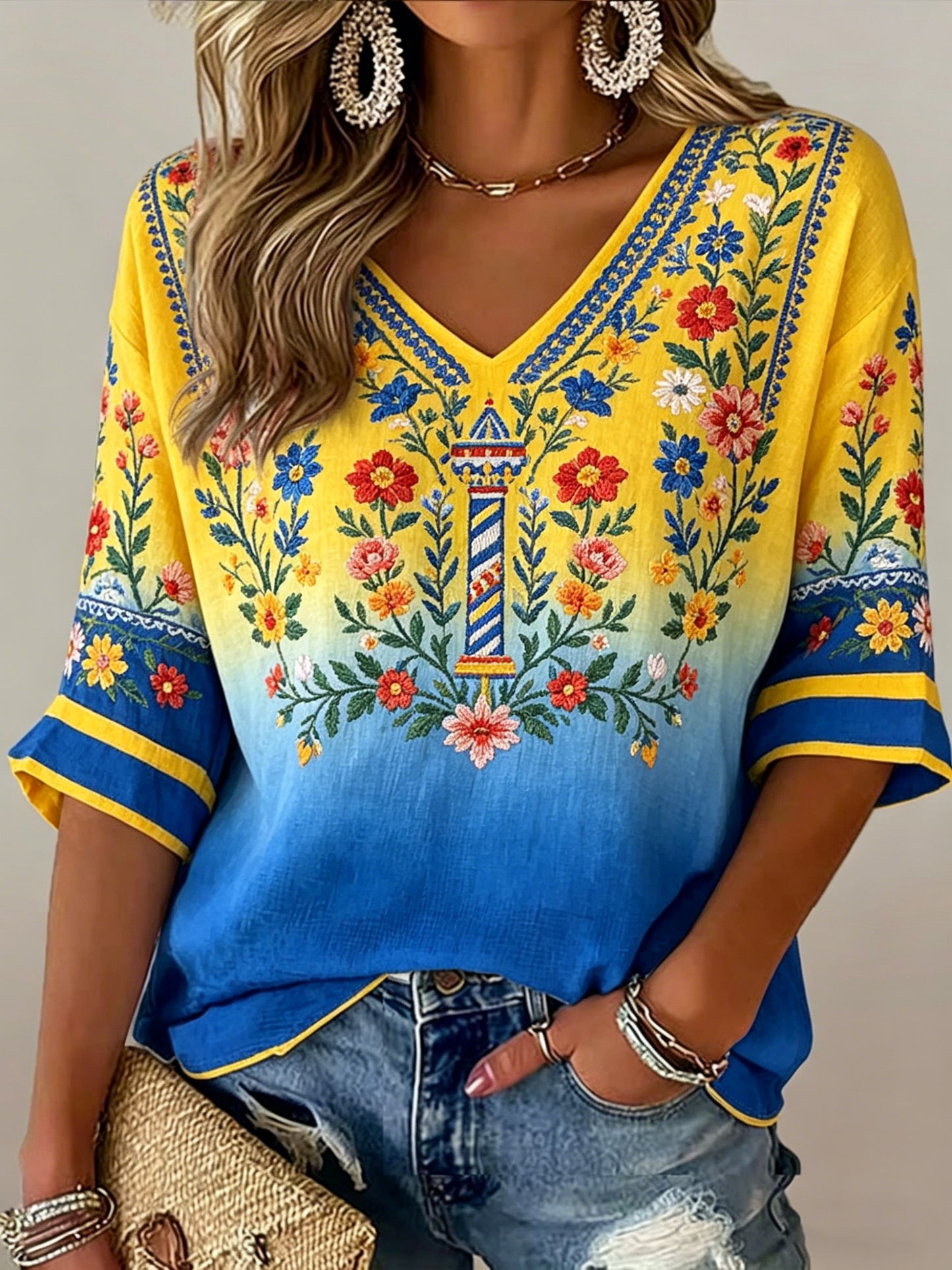 Women's Swedish Midsummer Festival Commemorative Art Print V-Neck T-Shirt