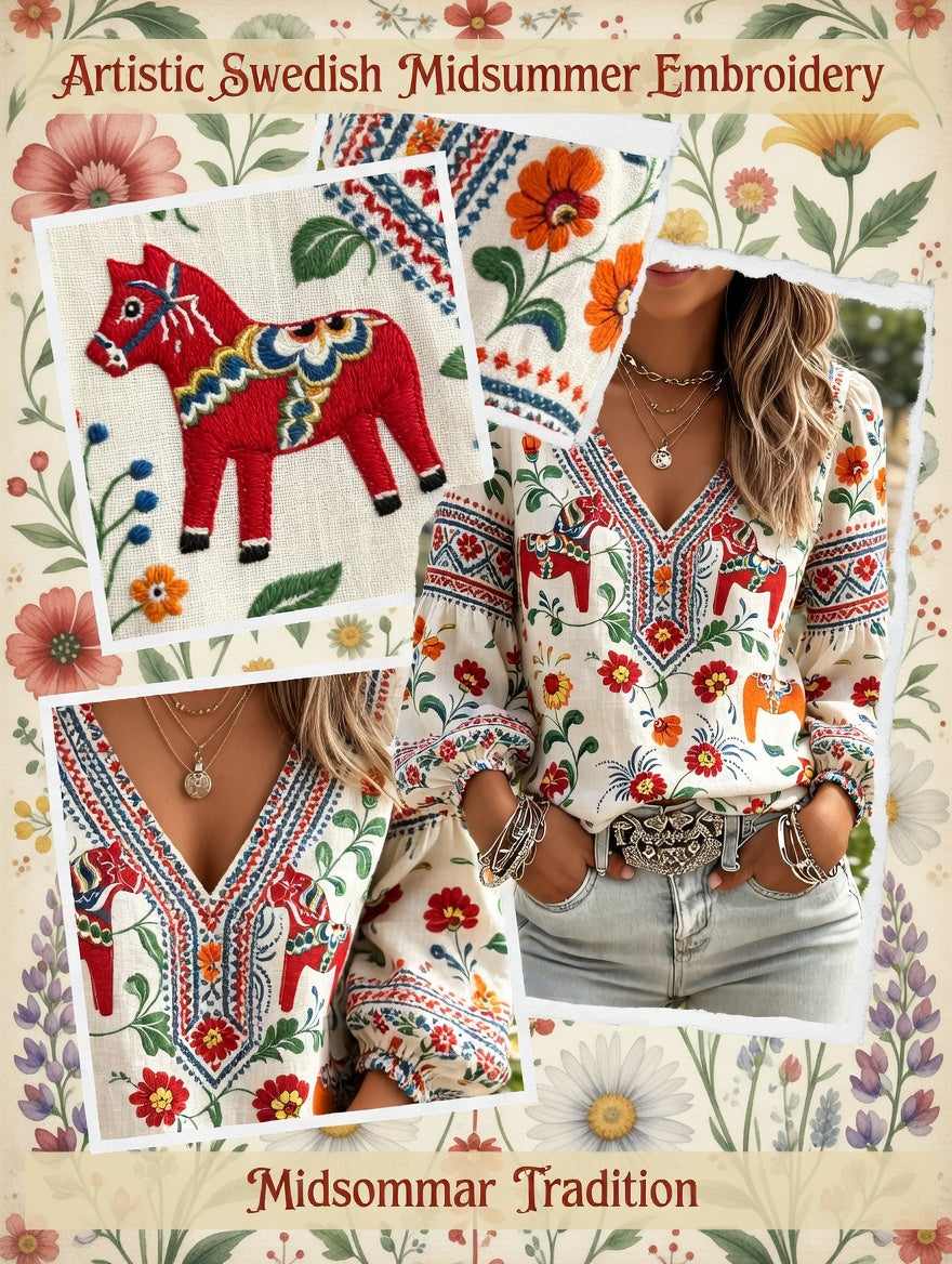 Women's Midsummer Festival Ethnic Print Casual Puff Sleeve V-Neck Top