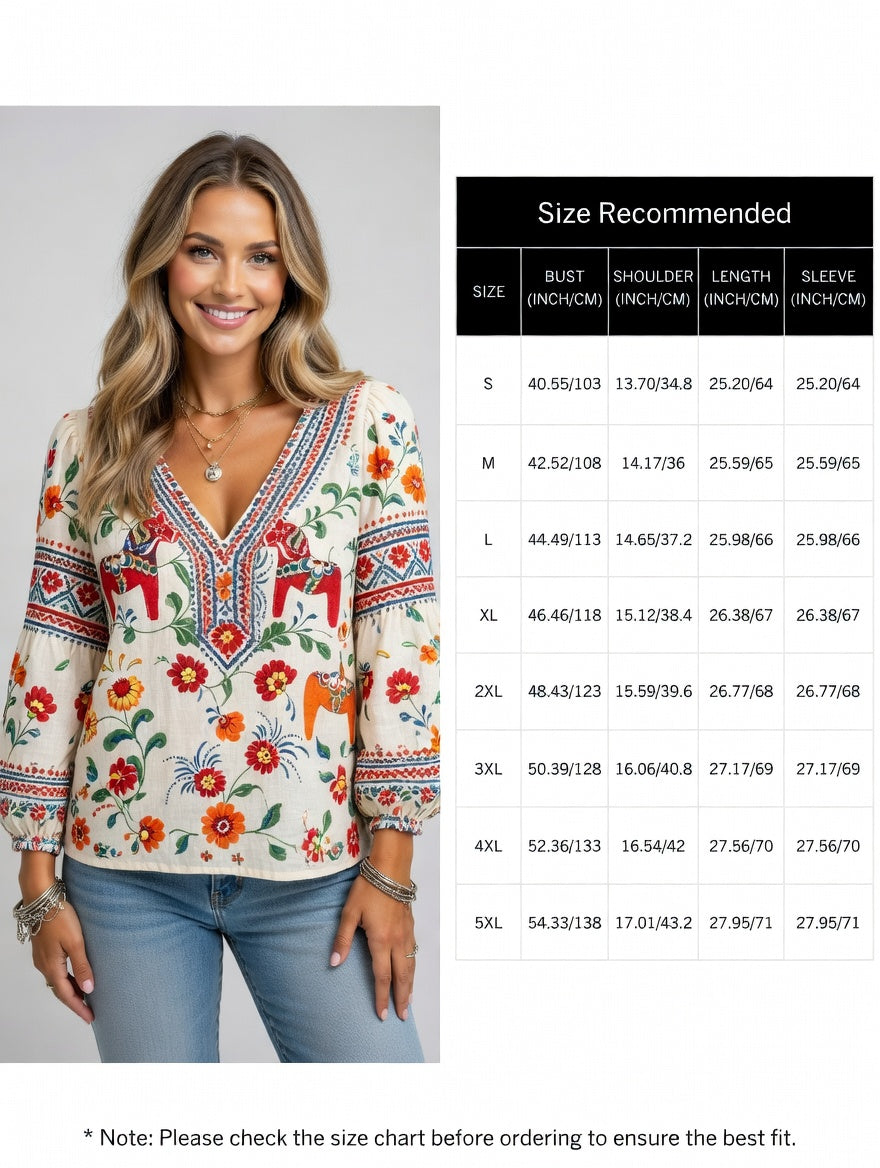 Women's Midsummer Festival Ethnic Print Casual Puff Sleeve V-Neck Top
