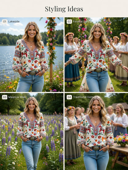 Women's Midsummer Festival Ethnic Print Casual Puff Sleeve V-Neck Top