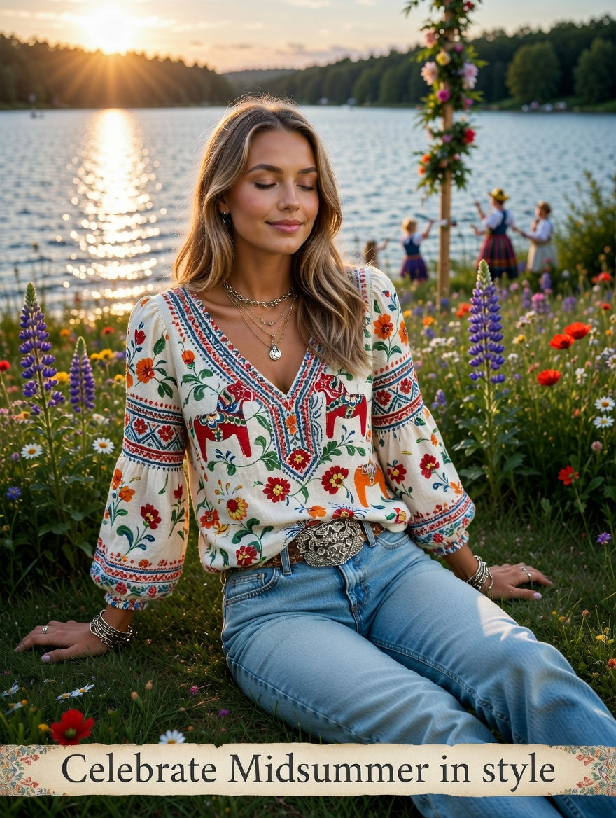 Women's Midsummer Festival Ethnic Print Casual Puff Sleeve V-Neck Top