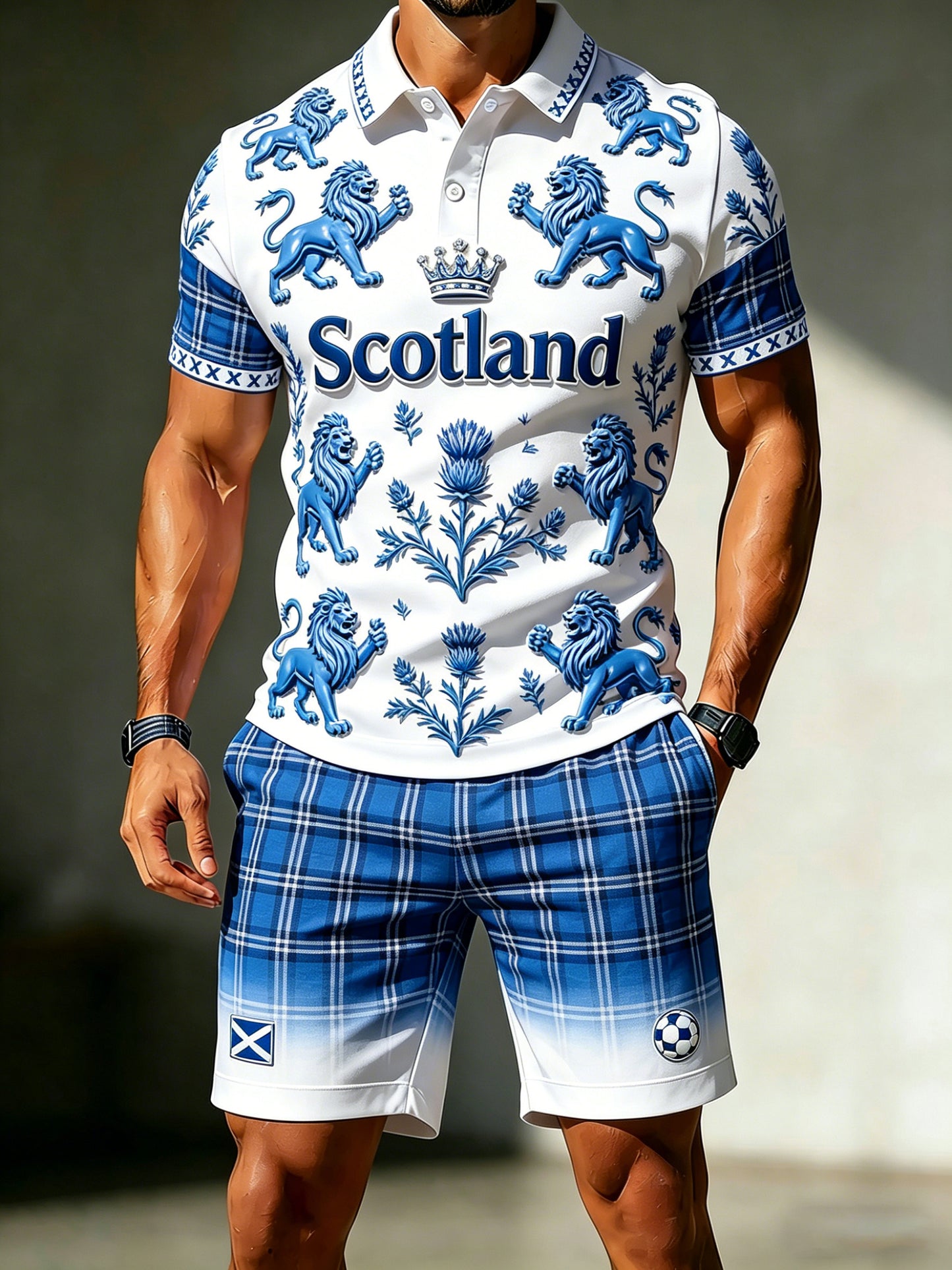 Men's Uk/Scotland Football Match Fanwear Polo Shirt & Shorts Set — Artistic Print