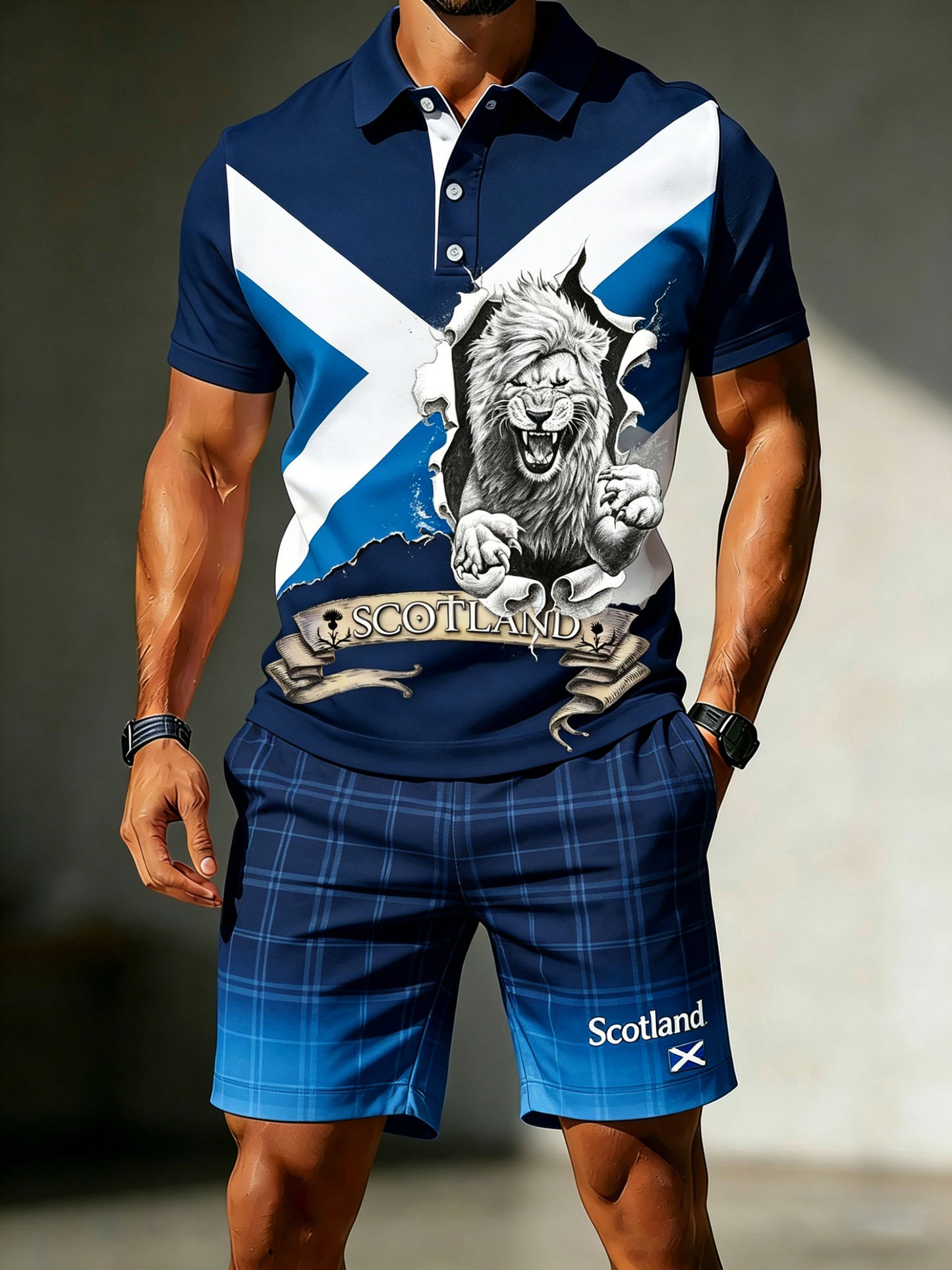 Men's Uk/Scotland Football Match Fanwear Polo Shirt & Shorts Set — Artistic Print