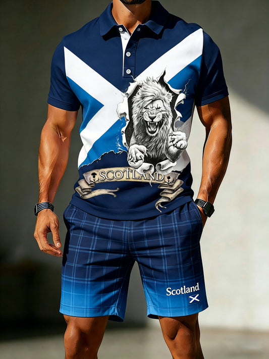 Men's Uk/Scotland Football Match Fanwear Polo Shirt & Shorts Set — Artistic Print