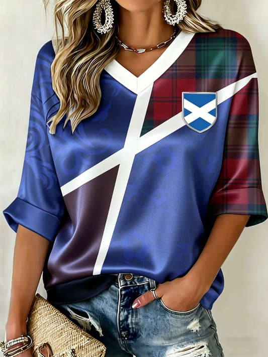 Women's UK Football Lover Scotland Printed Mid-length Sleeves V-Neck T-Shirt
