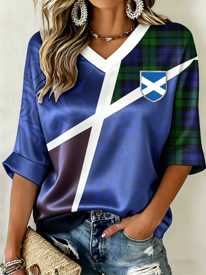 Women's UK Football Lover Scotland Printed Mid-length Sleeves V-Neck T-Shirt