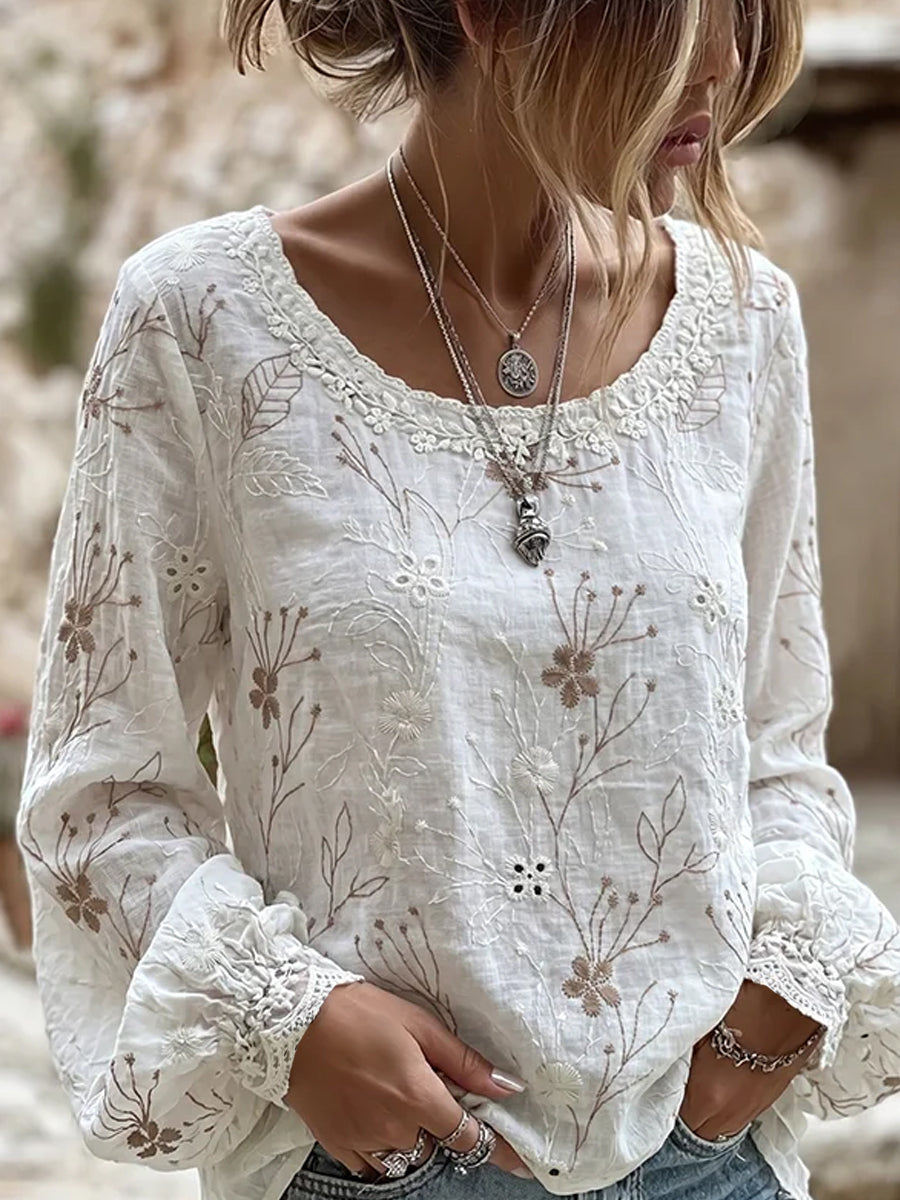 Women's Vintage Floral Art Print Casual Cotton-Linen Top