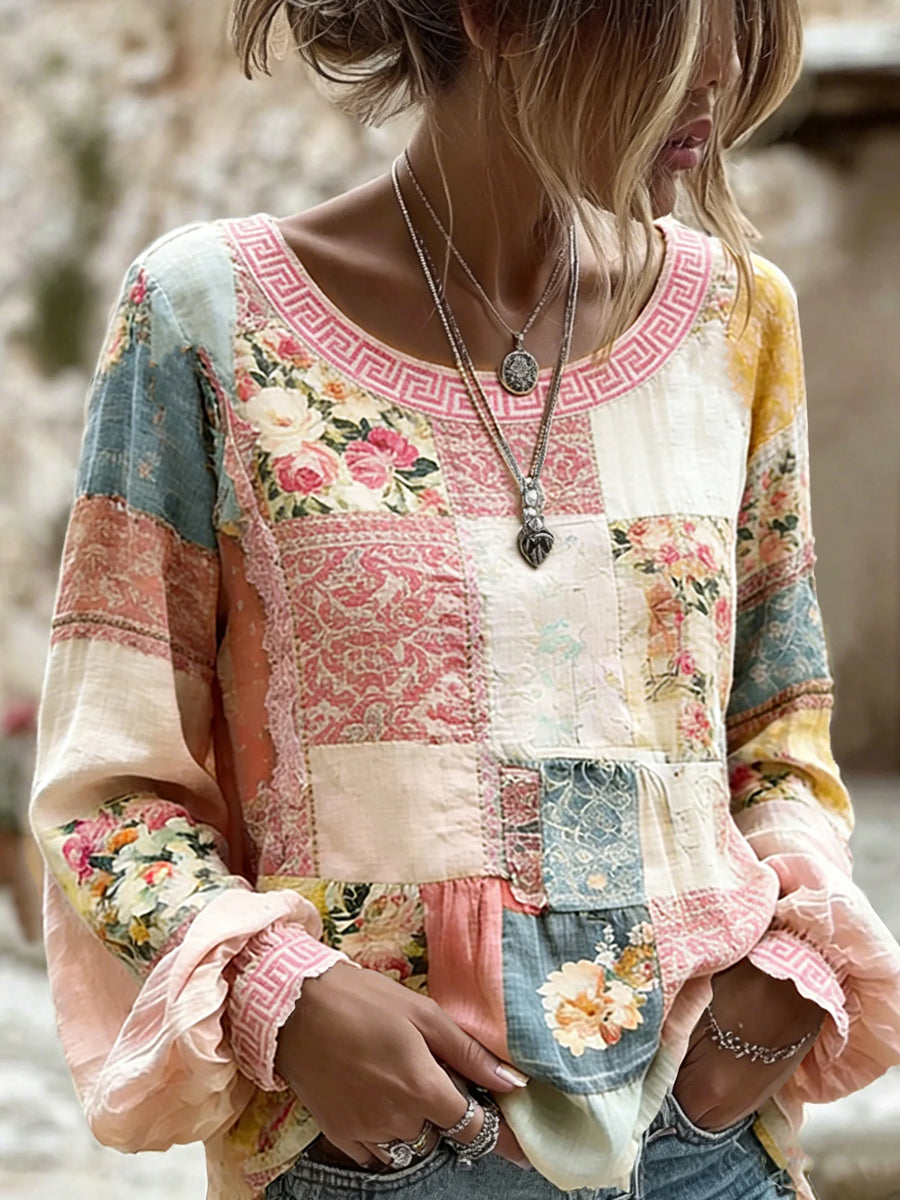 Women's Vintage-Style Casual Cotton-Linen Top with Embroidered Floral and Printed Patchwork
