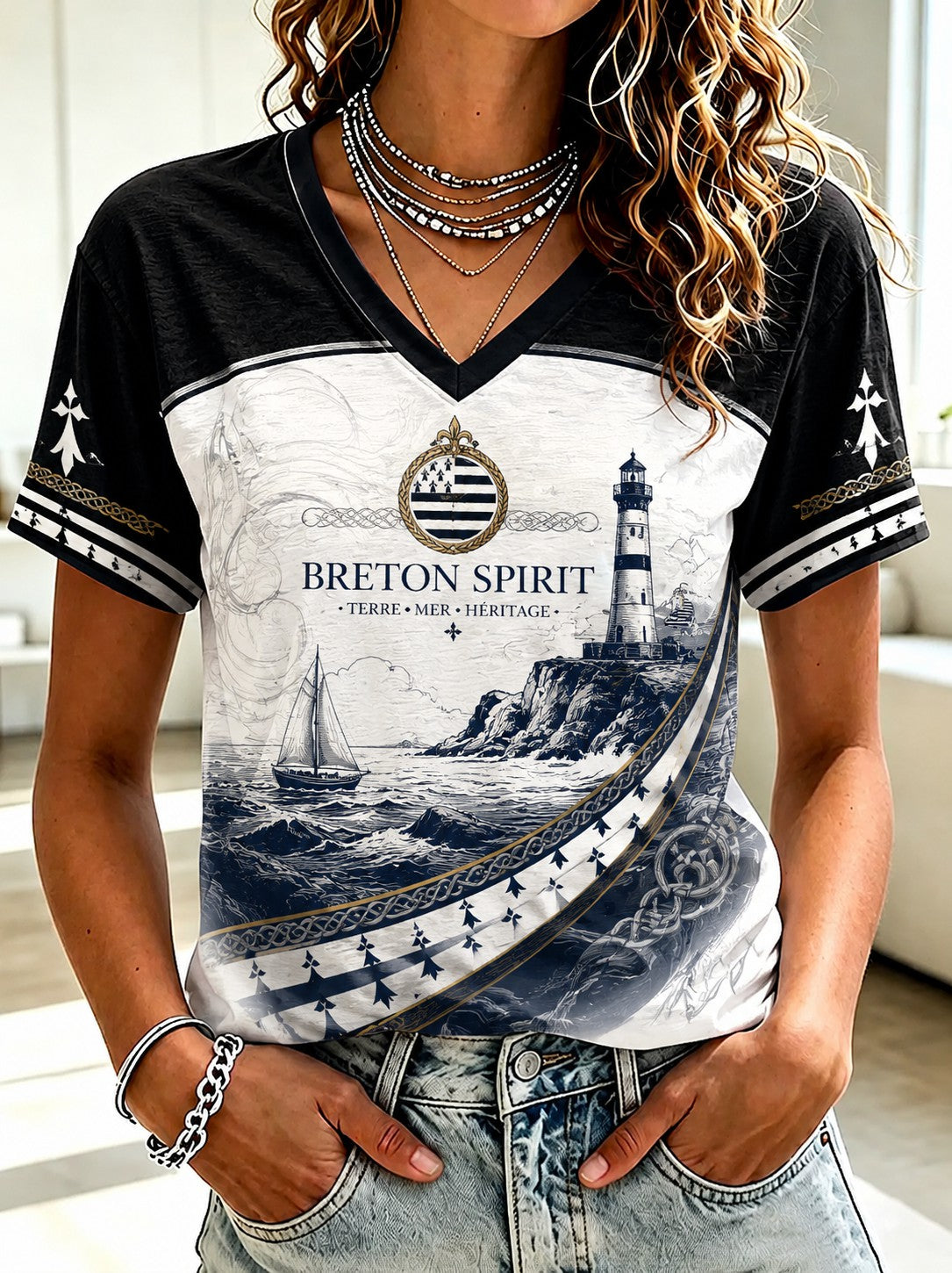 T-shirt à col en V imprimé celtique de Bretagne pour femmes