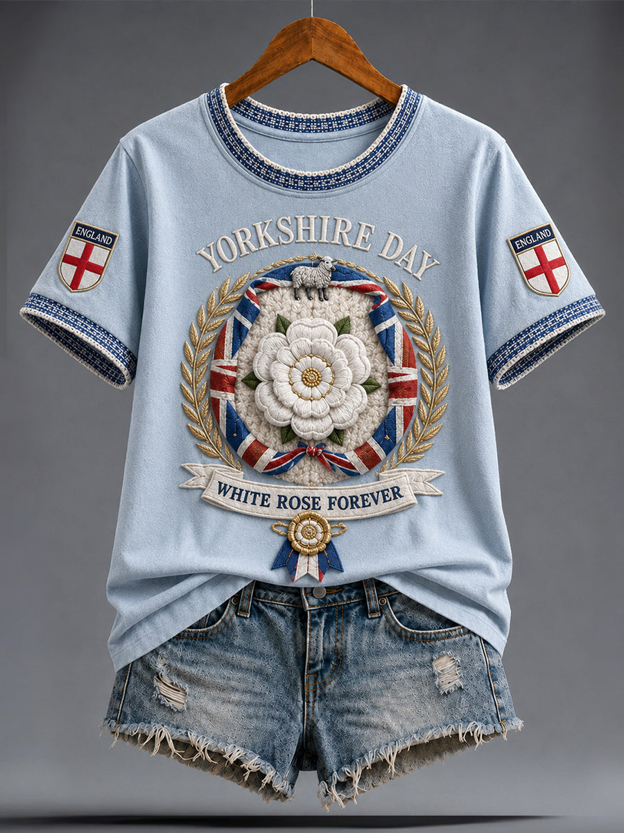 Women's England Yorkshire Day White Roses Art Printed T-shirt