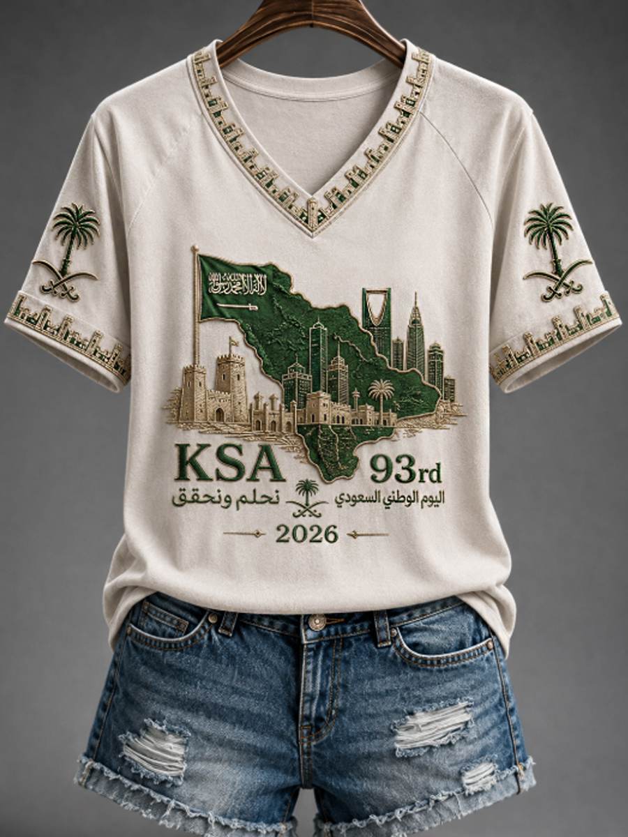 Women's Saudi National Day V-neck off-shoulder short-sleeved T-shirt