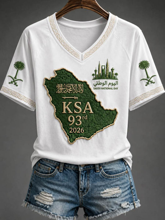Women's Saudi National Day V-neck off-shoulder short-sleeved T-shirt